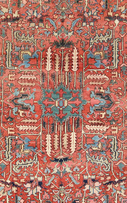 Antique All Over Serapi Goravan Rug in Soft Red, Yellow, L. Blue, Teal & L. Green Antique All Over Serapi Goravan Rug with geometric motifs, Keivan Woven Arts/rug/ M14 - 0806, country of origin / type: Iran / Serapi, Goravan, Heriz, circa 1900 ... - Keivan Woven ArtsM14 - 0806 - 5944Rug