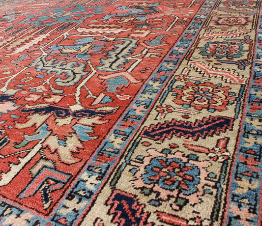 Antique All Over Serapi Goravan Rug in Soft Red, Yellow, L. Blue, Teal & L. Green Antique All Over Serapi Goravan Rug with geometric motifs, Keivan Woven Arts/rug/ M14 - 0806, country of origin / type: Iran / Serapi, Goravan, Heriz, circa 1900 ... - Keivan Woven ArtsM14 - 0806 - 5944Rug