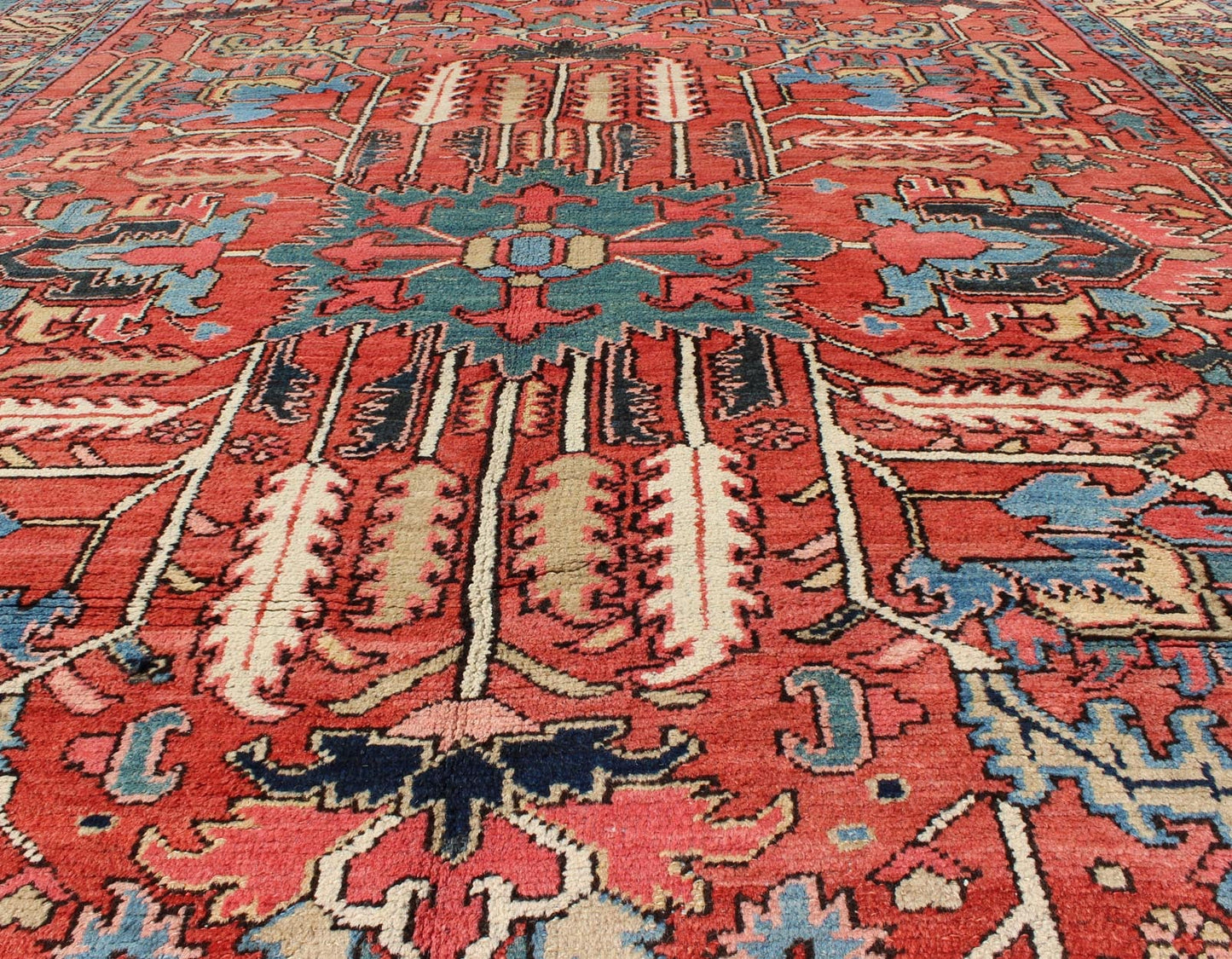Antique All Over Serapi Goravan Rug in Soft Red, Yellow, L. Blue, Teal & L. Green Antique All Over Serapi Goravan Rug with geometric motifs, Keivan Woven Arts/rug/ M14 - 0806, country of origin / type: Iran / Serapi, Goravan, Heriz, circa 1900 ... - Keivan Woven ArtsM14 - 0806 - 5944Rug