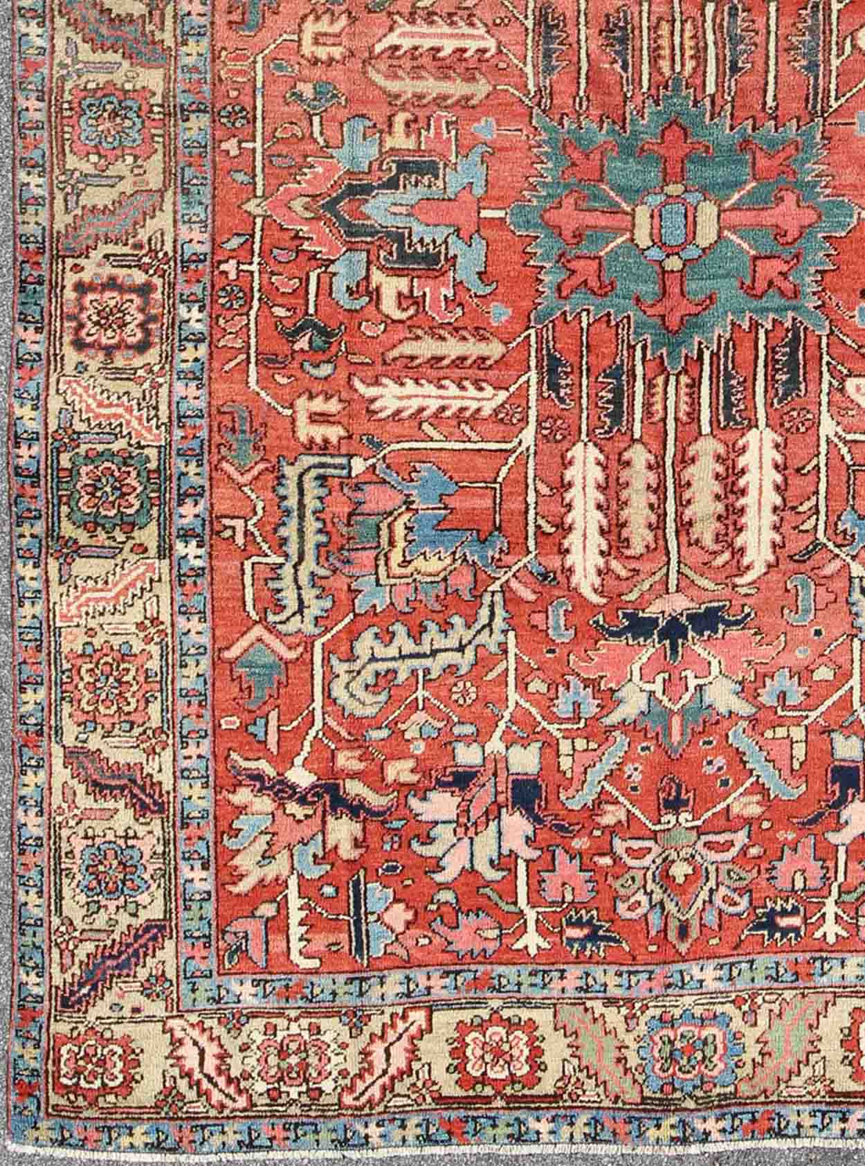 Antique All Over Serapi Goravan Rug in Soft Red, Yellow, L. Blue, Teal & L. Green Antique All Over Serapi Goravan Rug with geometric motifs, Keivan Woven Arts/rug/ M14 - 0806, country of origin / type: Iran / Serapi, Goravan, Heriz, circa 1900 ... - Keivan Woven ArtsM14 - 0806 - 5944Rug