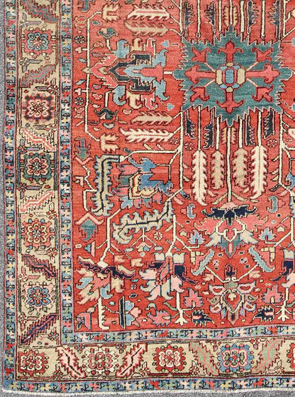 Antique All Over Serapi Goravan Rug in Soft Red, Yellow, L. Blue, Teal & L. Green Antique All Over Serapi Goravan Rug with geometric motifs, Keivan Woven Arts/rug/ M14 - 0806, country of origin / type: Iran / Serapi, Goravan, Heriz, circa 1900 ... - Keivan Woven ArtsM14 - 0806 - 5944Rug