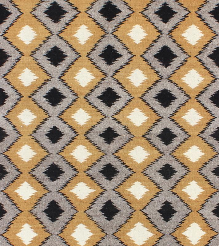 Allover Tribal Navajo Kilim with Gold, Gray and Black 1940s American Navajo Kilim with geometric design in Marigold, black and grey kilim M14 - 0903, country of origin / type: America / Navajo, circa 1940 This intriguing antique Navajo Kili... - Keivan Woven ArtsM14 - 0903 - 5934Rug