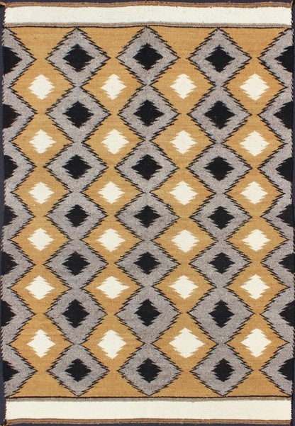 Allover Tribal Navajo Kilim with Gold, Gray and Black 1940s American Navajo Kilim with geometric design in Marigold, black and grey kilim M14 - 0903, country of origin / type: America / Navajo, circa 1940 This intriguing antique Navajo Kili... - Keivan Woven ArtsM14 - 0903 - 5934Rug