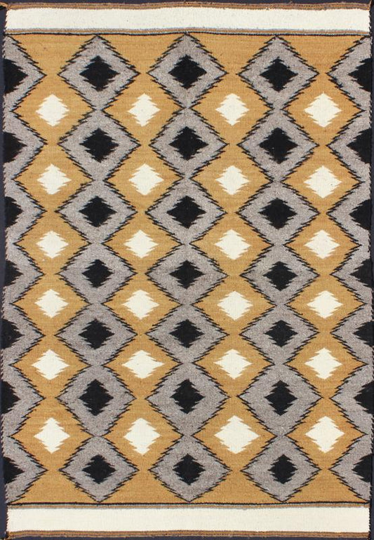 Allover Tribal Navajo Kilim with Gold, Gray and Black 1940s American Navajo Kilim with geometric design in Marigold, black and grey kilim M14 - 0903, country of origin / type: America / Navajo, circa 1940 This intriguing antique Navajo Kili... - Keivan Woven ArtsM14 - 0903 - 5934Rug