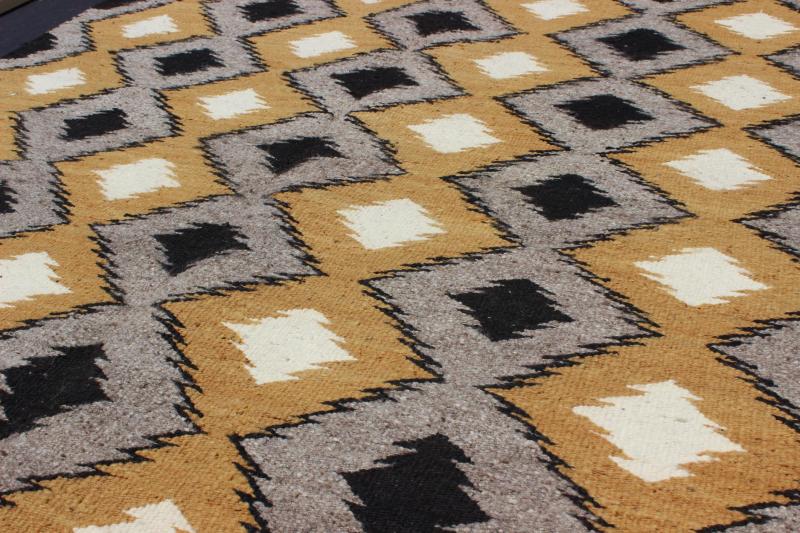 Allover Tribal Navajo Kilim with Gold, Gray and Black 1940s American Navajo Kilim with geometric design in Marigold, black and grey kilim M14 - 0903, country of origin / type: America / Navajo, circa 1940 This intriguing antique Navajo Kili... - Keivan Woven ArtsM14 - 0903 - 5934Rug