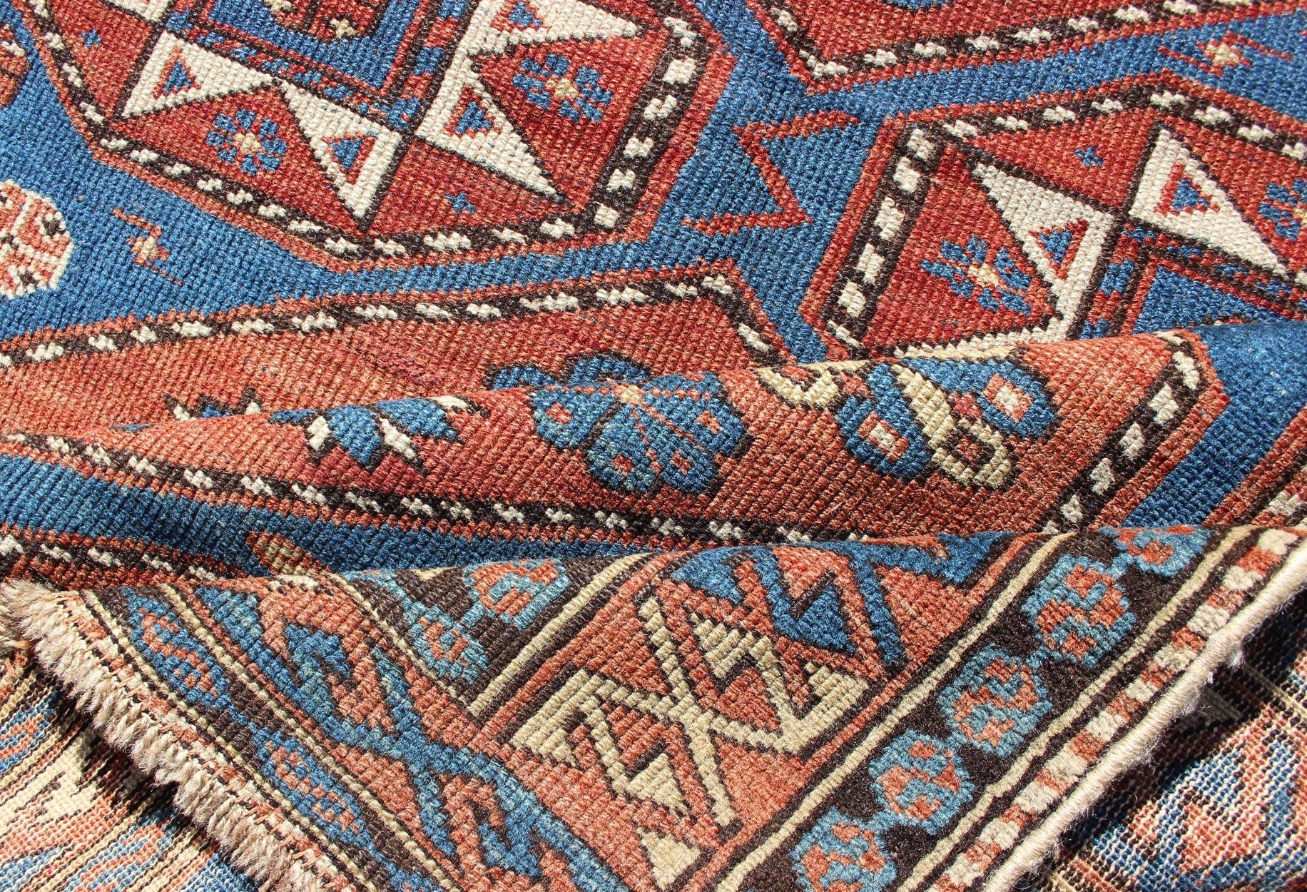 Antique Caucasian Shirvan Rug with Geometric Design in Brunt Orange and Blue. Keivan Woven Arts / rug 11 - 91002, country of origin / type: Caucus / Shirvan, circa 1890. Measures: 3'6 x 5'1. This stunning late 19th century antique Shirvan rug from ... - Keivan Woven ArtsM14 - 0905 - 5938Rug
