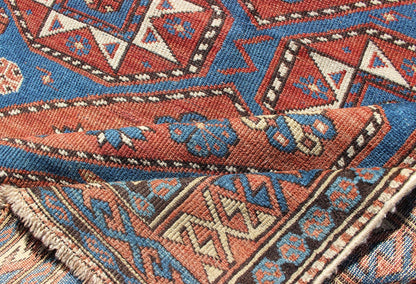 Antique Caucasian Shirvan Rug with Geometric Design in Brunt Orange and Blue. Keivan Woven Arts / rug 11 - 91002, country of origin / type: Caucus / Shirvan, circa 1890. Measures: 3'6 x 5'1. This stunning late 19th century antique Shirvan rug from ... - Keivan Woven ArtsM14 - 0905 - 5938Rug
