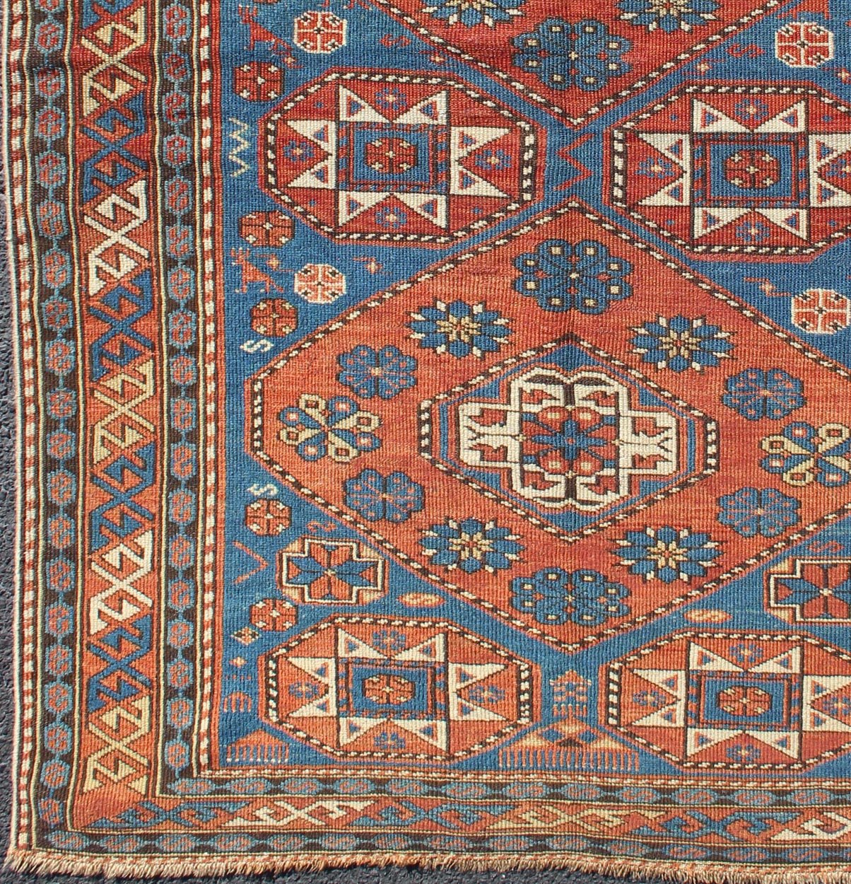 Antique Caucasian Shirvan Rug with Geometric Design in Brunt Orange and Blue. Keivan Woven Arts / rug 11 - 91002, country of origin / type: Caucus / Shirvan, circa 1890. Measures: 3'6 x 5'1. This stunning late 19th century antique Shirvan rug from ... - Keivan Woven ArtsM14 - 0905 - 5938Rug