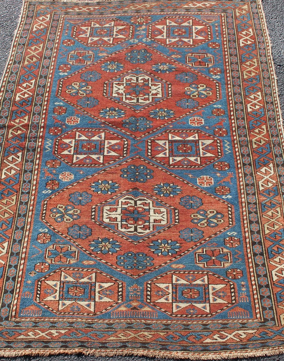 Antique Caucasian Shirvan Rug with Geometric Design in Brunt Orange and Blue. Keivan Woven Arts / rug 11 - 91002, country of origin / type: Caucus / Shirvan, circa 1890. Measures: 3'6 x 5'1. This stunning late 19th century antique Shirvan rug from ... - Keivan Woven ArtsM14 - 0905 - 5938Rug