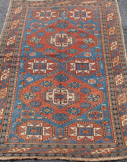 Antique Caucasian Shirvan Rug with Geometric Design in Brunt Orange and Blue. Keivan Woven Arts / rug 11 - 91002, country of origin / type: Caucus / Shirvan, circa 1890. Measures: 3'6 x 5'1. This stunning late 19th century antique Shirvan rug from ... - Keivan Woven ArtsM14 - 0905 - 5938Rug