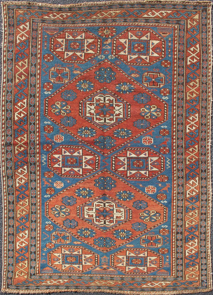 Antique Caucasian Shirvan Rug with Geometric Design in Brunt Orange and Blue. Keivan Woven Arts / rug 11 - 91002, country of origin / type: Caucus / Shirvan, circa 1890. Measures: 3'6 x 5'1. This stunning late 19th century antique Shirvan rug from ... - Keivan Woven ArtsM14 - 0905 - 5938Rug