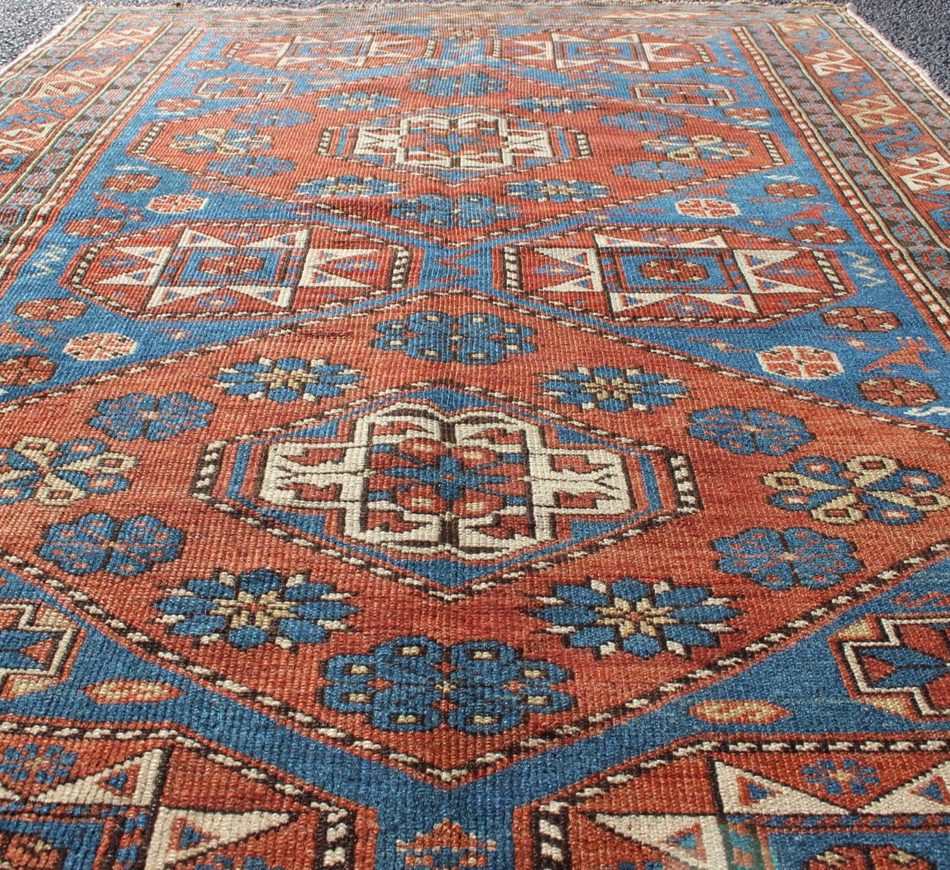 Antique Caucasian Shirvan Rug with Geometric Design in Brunt Orange and Blue. Keivan Woven Arts / rug 11 - 91002, country of origin / type: Caucus / Shirvan, circa 1890. Measures: 3'6 x 5'1. This stunning late 19th century antique Shirvan rug from ... - Keivan Woven ArtsM14 - 0905 - 5938Rug