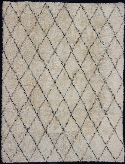 Large Vintage Moroccan Rug in Off White Background by Keivan Woven Arts. Large Vintage Moroccan Beni Ourain Rug in Off White Background, Black and Brown lines. M14 - 1001. Measures: 9'4" x 12' This vintage Moroccan Berber rugs with d... - Keivan Woven ArtsM14 - 1001 - 27712Rug