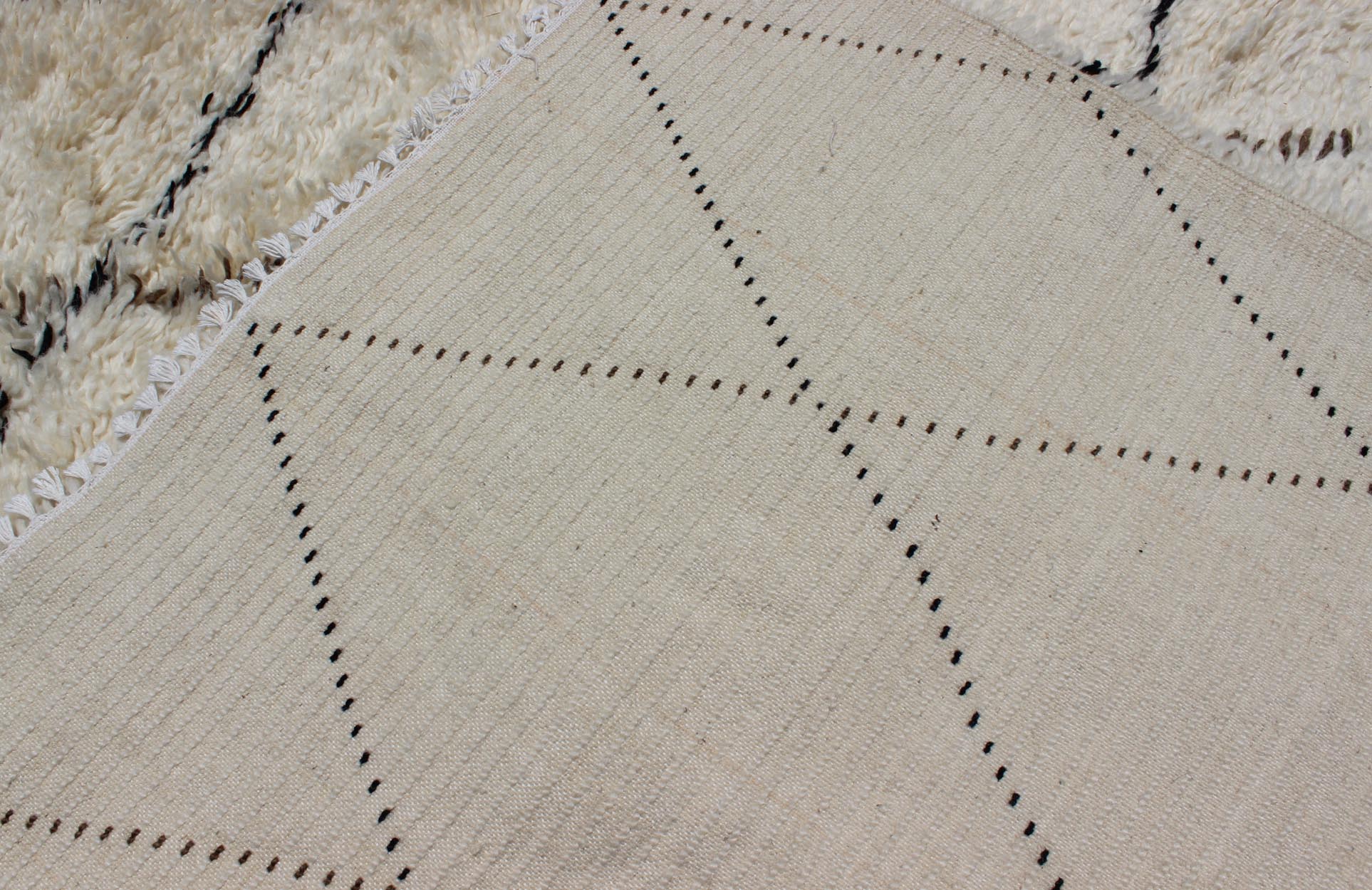 Large Vintage Moroccan Rug in Off White Background by Keivan Woven Arts. Large Vintage Moroccan Beni Ourain Rug in Off White Background, Black and Brown lines. M14 - 1001. Measures: 9'4" x 12' This vintage Moroccan Berber rugs with d... - Keivan Woven ArtsM14 - 1001 - 27712Rug