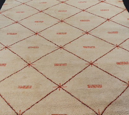 Ivory Background Vintage Large Moroccan Rug with Orange/Brown Diamond Pattern Keivan Woven Arts. Vintage Large Moroccan rug with Ivory background with orange, red, brown and black diamond pattern & Moroccan fringe, rug M14 - 1002, country of origin /... - Keivan Woven ArtsM14 - 1002 - 5961Rug