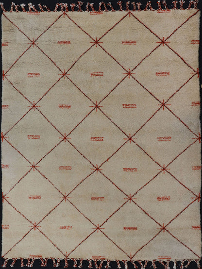 Ivory Background Vintage Large Moroccan Rug with Orange/Brown Diamond Pattern Keivan Woven Arts. Vintage Large Moroccan rug with Ivory background with orange, red, brown and black diamond pattern & Moroccan fringe, rug M14 - 1002, country of origin /... - Keivan Woven ArtsM14 - 1002 - 5961Rug