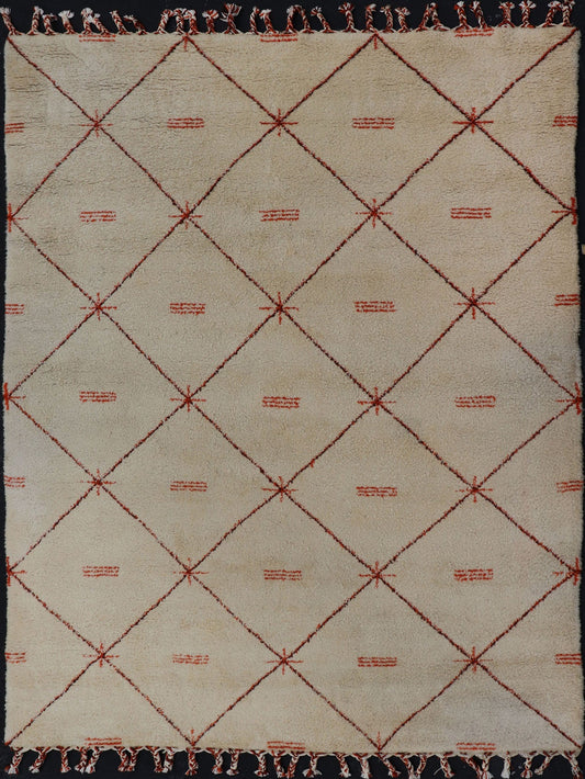 Ivory Background Vintage Large Moroccan Rug with Orange/Brown Diamond Pattern Keivan Woven Arts. Vintage Large Moroccan rug with Ivory background with orange, red, brown and black diamond pattern & Moroccan fringe, rug M14 - 1002, country of origin /... - Keivan Woven ArtsM14 - 1002 - 5961Rug