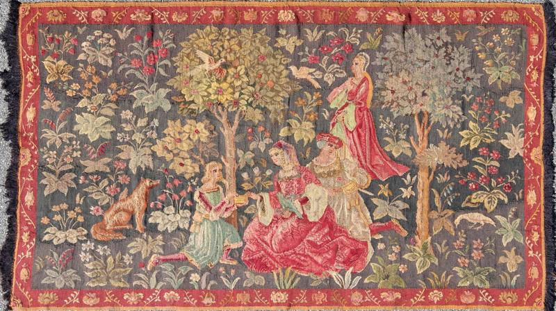 Antique French Tapestry in Gray Background and Vibrant Colors. Measures: 4'11 x 7'5. This Beautiful Scenery design antique French tapestry from the early 1900's features vibrant colors which work off of a medium gray background, depicting a roman... - Keivan Woven ArtsM14 - 1003 - 6121Rug