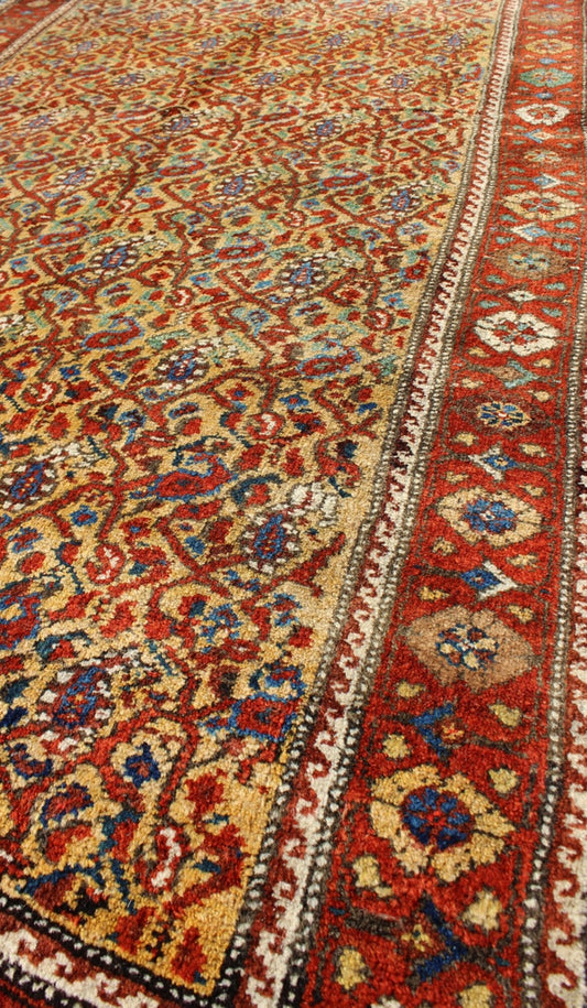 Unique Antique Serab Rug with Saffron Yellow Background and leafs / Paisley Pattern, rug M14 - 1005, country of origin / type: Iran / Tabriz, circa 1920 This all - over Persian Serab carpet (circa 1900) has a cream / yellow background and a red bord... - Keivan Woven ArtsM14 - 1005 - 6266Rug