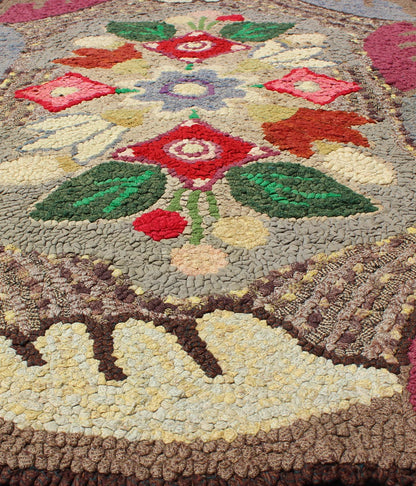 Antique American Hooked Floral Rug with Multi Colors Light Brown, Green, Yellow. Colorful and gorgeous American hooked rug with gray soft red, rose, green, light brown, lavender, green, and yellow flowers, rug M14 - 1202, country of origin / type:... - Keivan Woven ArtsM14 - 1202 - 6428Rug
