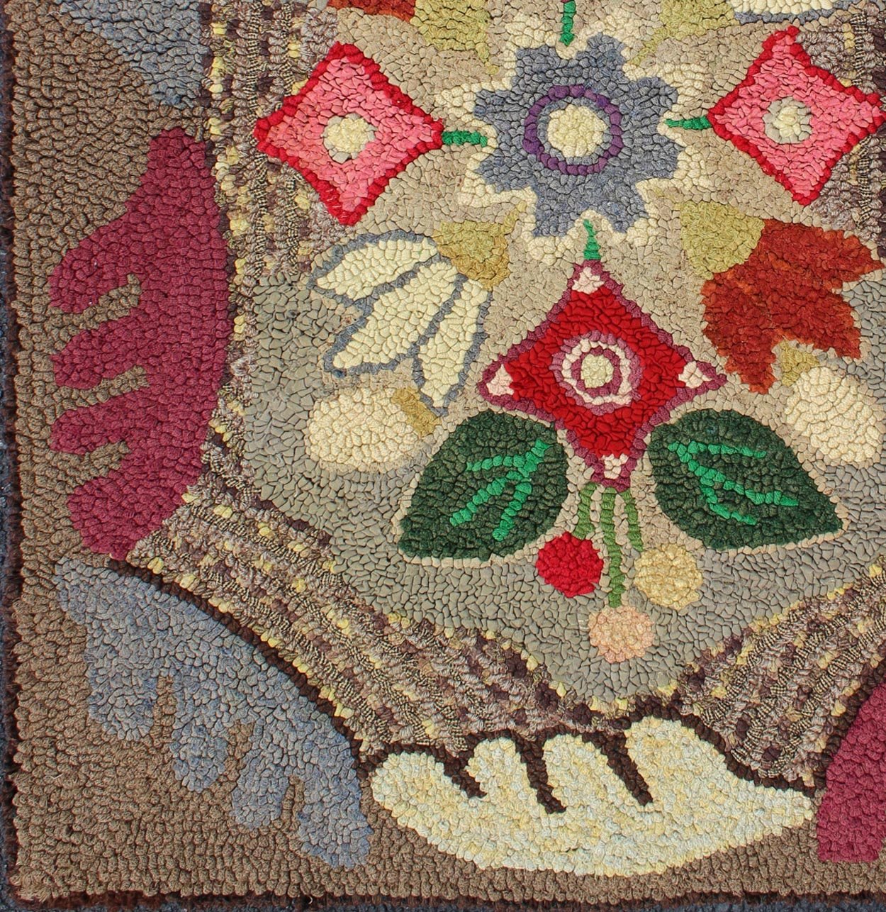 Antique American Hooked Floral Rug with Multi Colors Light Brown, Green, Yellow. Colorful and gorgeous American hooked rug with gray soft red, rose, green, light brown, lavender, green, and yellow flowers, rug M14 - 1202, country of origin / type:... - Keivan Woven ArtsM14 - 1202 - 6428Rug