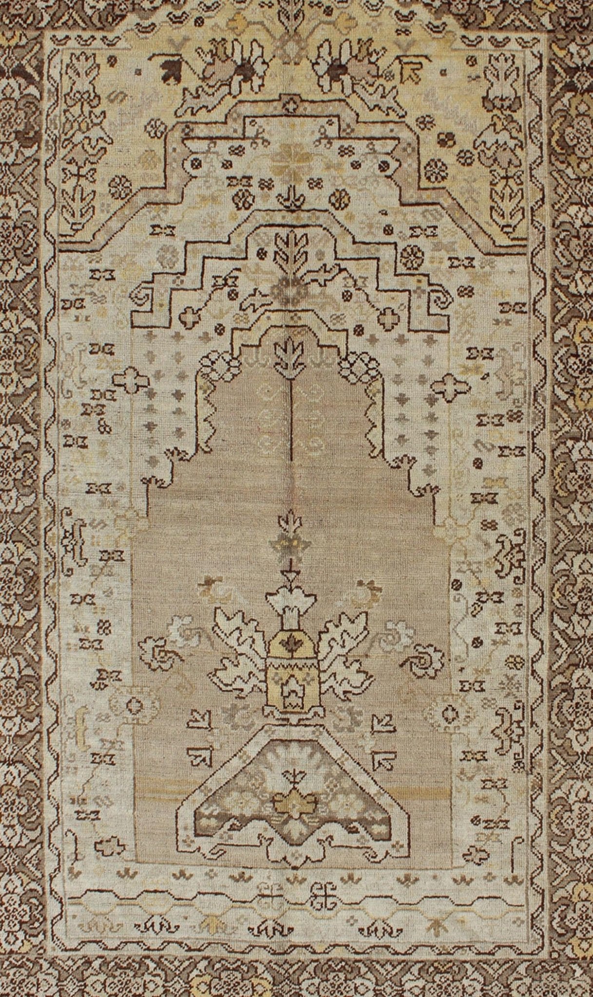 1930's Antique Turkish Oushak Prayer Rug with Flowers in Ivory, Taupe and Cream, kwarugs MH - 10638, country of origin / type: Turkey / Oushak, circa 1920 This lovely and finely woven antique Turkish Oushak rug (circa 1930) displays a prayer desig... - Keivan Woven ArtsMH - 10638 - 1132Rug
