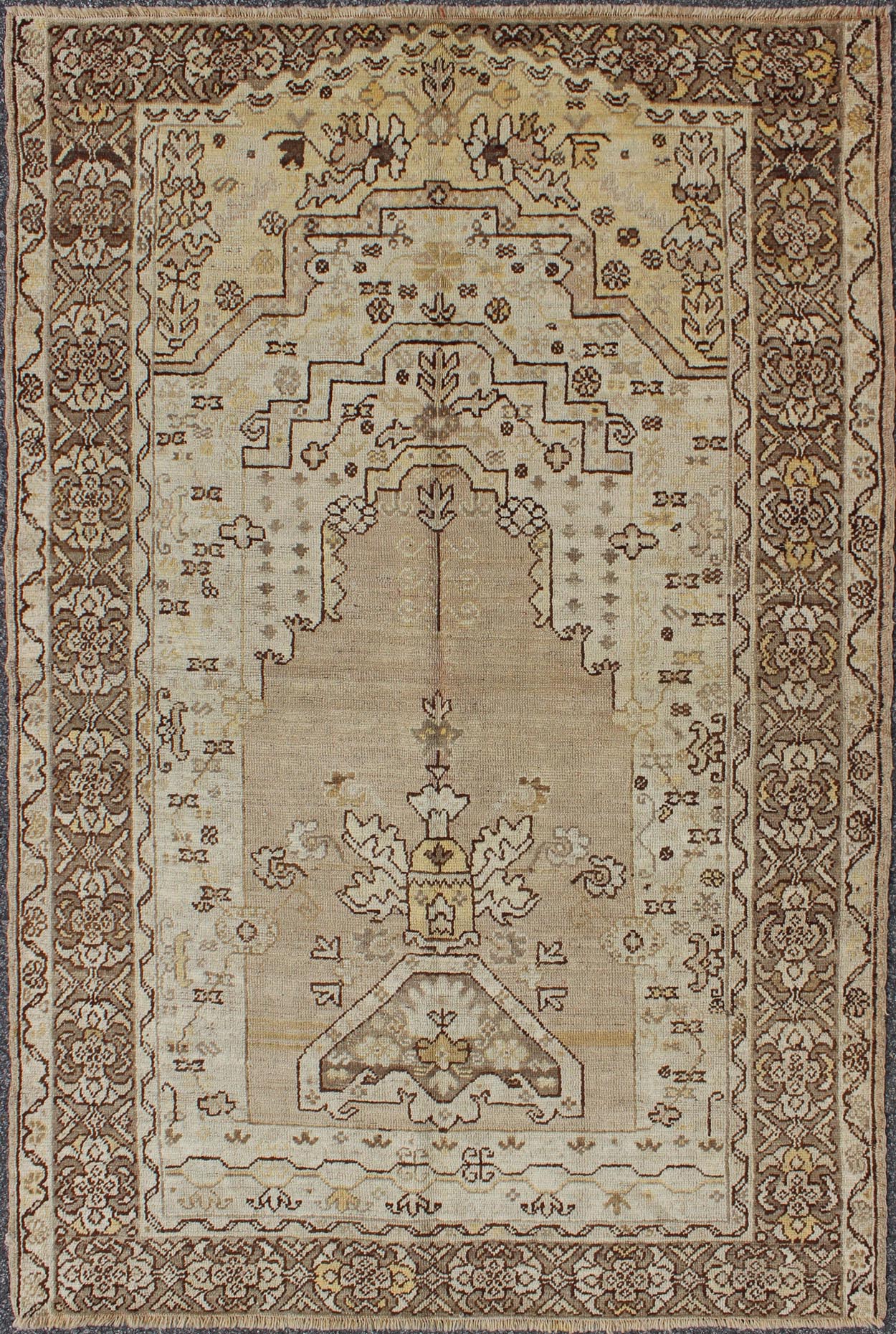 1930's Antique Turkish Oushak Prayer Rug with Flowers in Ivory, Taupe and Cream, kwarugs MH - 10638, country of origin / type: Turkey / Oushak, circa 1920 This lovely and finely woven antique Turkish Oushak rug (circa 1930) displays a prayer desig... - Keivan Woven ArtsMH - 10638 - 1132Rug