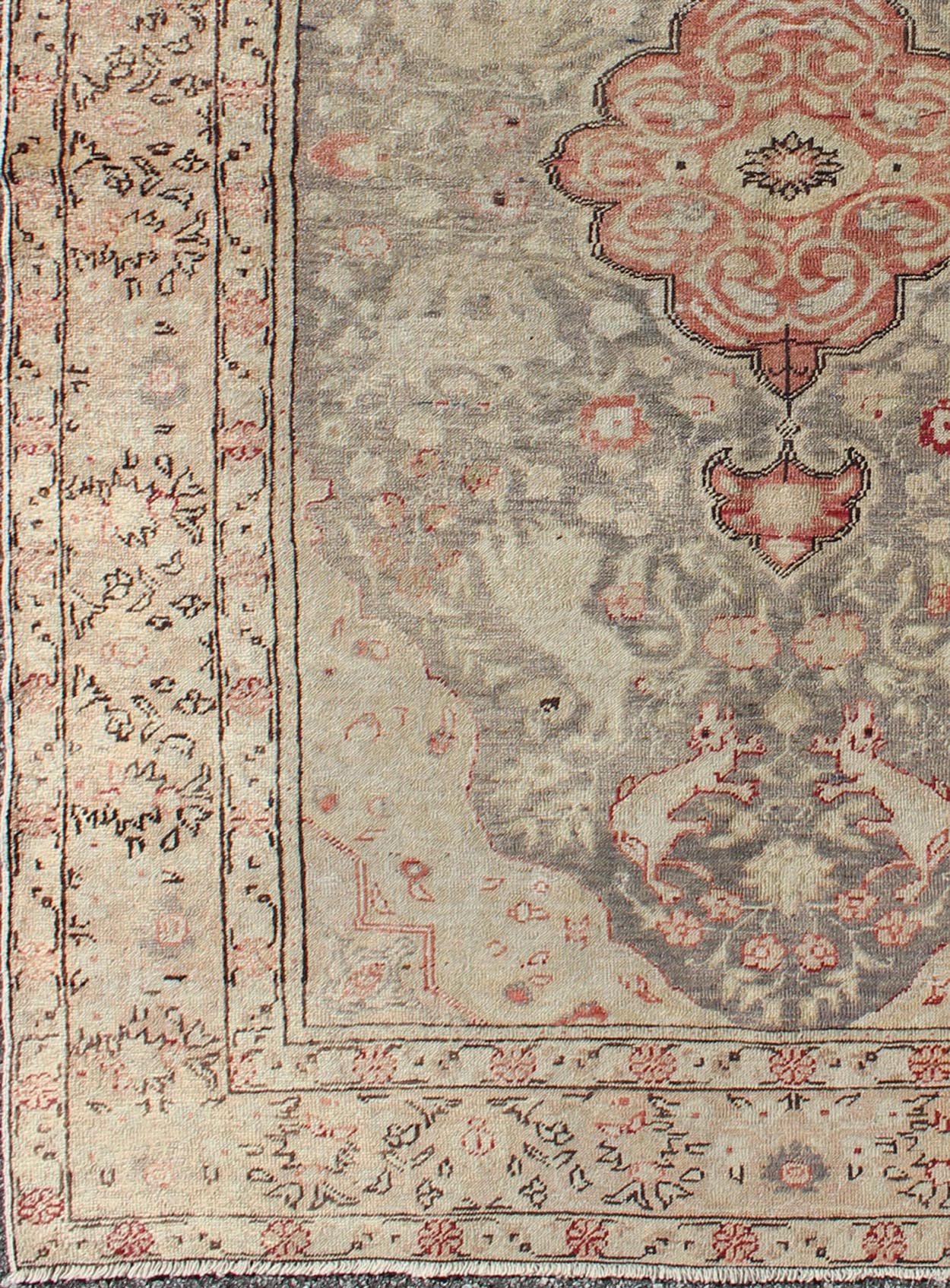 Fine Turkish Oushak Carpet with Floral Motifs in Ivory, Pink & Red on Gray Field Fine Turkish Oushak Carpet with Floral Motifs in Cream, Pink & Red rug/mh - 10924, origin/turkey kwarugs This beautiful rug from mid - 20th century Turkey featur... - Keivan Woven ArtsMH - 10924 - 1136Rug