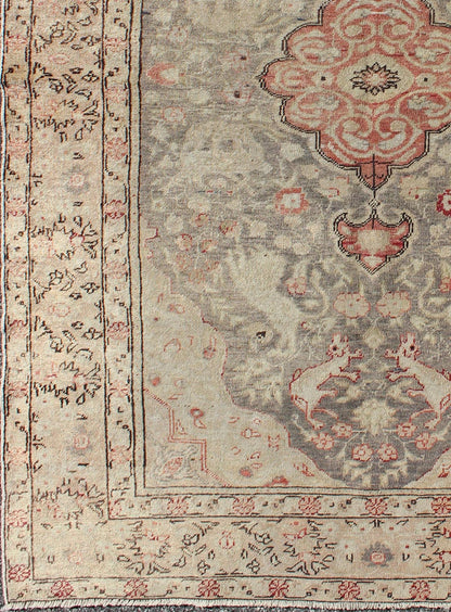 Fine Turkish Oushak Carpet with Floral Motifs in Ivory, Pink & Red on Gray Field Fine Turkish Oushak Carpet with Floral Motifs in Cream, Pink & Red rug/mh - 10924, origin/turkey kwarugs This beautiful rug from mid - 20th century Turkey featur... - Keivan Woven ArtsMH - 10924 - 1136Rug