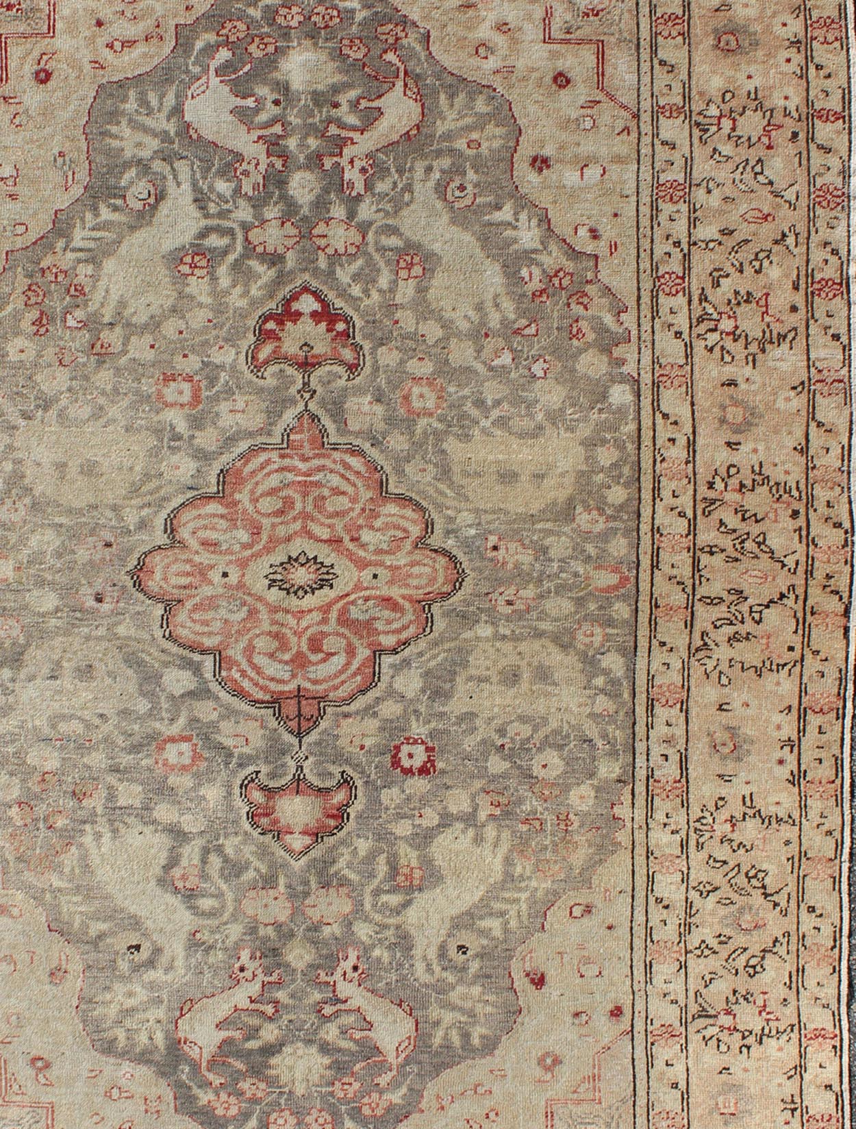 Fine Turkish Oushak Carpet with Floral Motifs in Ivory, Pink & Red on Gray Field Fine Turkish Oushak Carpet with Floral Motifs in Cream, Pink & Red rug/mh - 10924, origin/turkey kwarugs This beautiful rug from mid - 20th century Turkey featur... - Keivan Woven ArtsMH - 10924 - 1136Rug