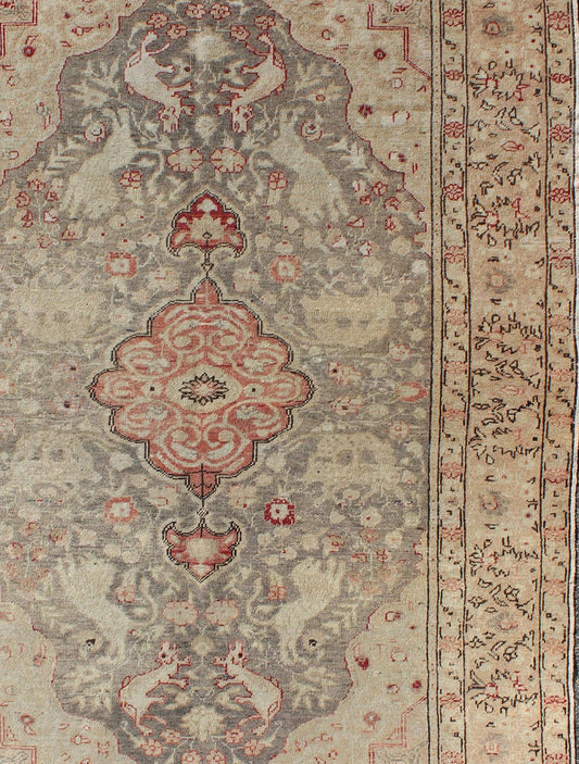 Fine Turkish Oushak Carpet with Floral Motifs in Ivory, Pink & Red on Gray Field Fine Turkish Oushak Carpet with Floral Motifs in Cream, Pink & Red rug/mh - 10924, origin/turkey kwarugs This beautiful rug from mid - 20th century Turkey featur... - Keivan Woven ArtsMH - 10924 - 1136Rug