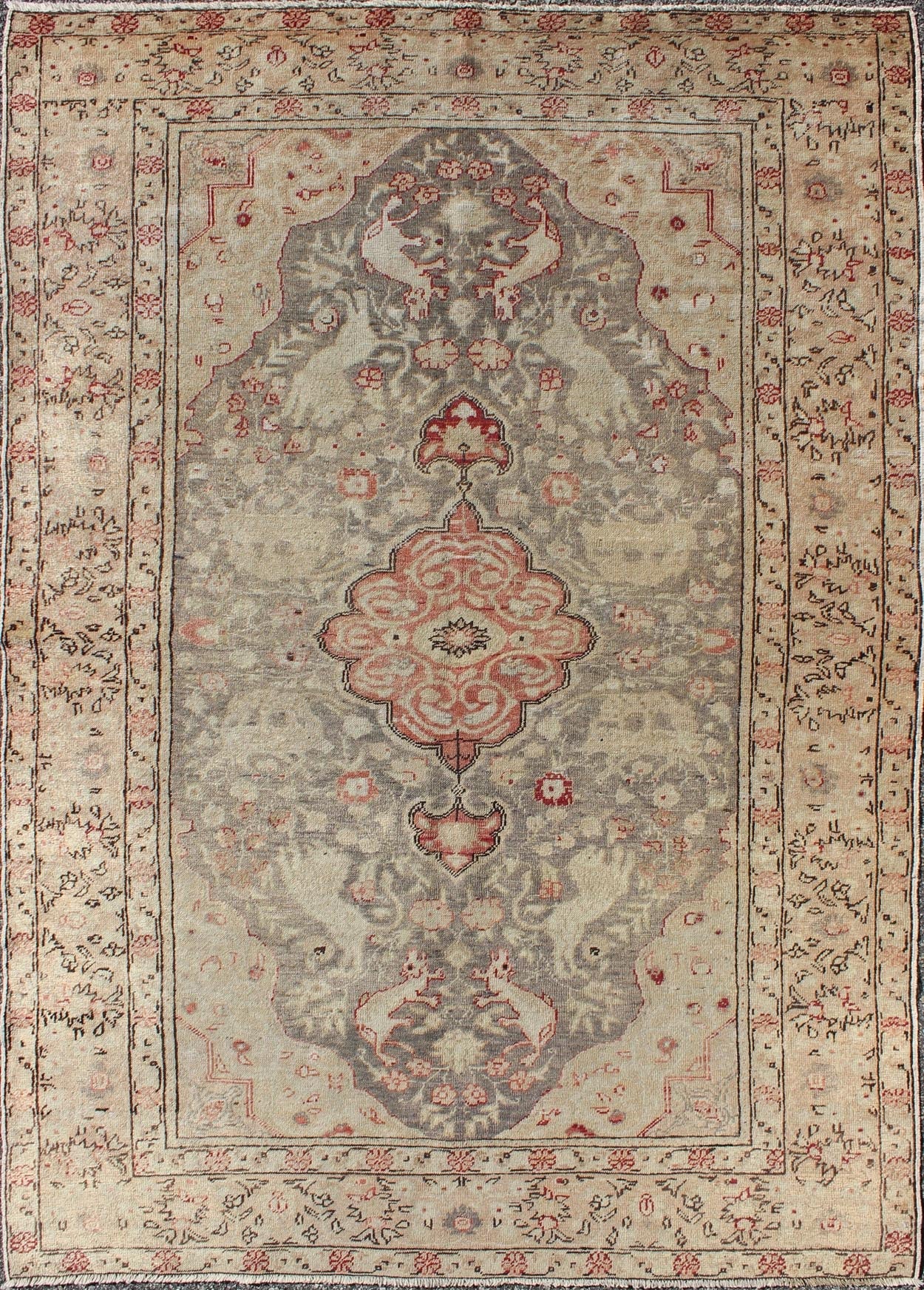 Fine Turkish Oushak Carpet with Floral Motifs in Ivory, Pink & Red on Gray Field Fine Turkish Oushak Carpet with Floral Motifs in Cream, Pink & Red rug/mh - 10924, origin/turkey kwarugs This beautiful rug from mid - 20th century Turkey featur... - Keivan Woven ArtsMH - 10924 - 1136Rug