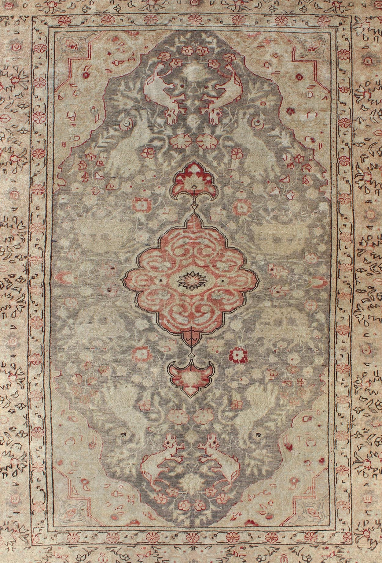 Fine Turkish Oushak Carpet with Floral Motifs in Ivory, Pink & Red on Gray Field Fine Turkish Oushak Carpet with Floral Motifs in Cream, Pink & Red rug/mh - 10924, origin/turkey kwarugs This beautiful rug from mid - 20th century Turkey featur... - Keivan Woven ArtsMH - 10924 - 1136Rug