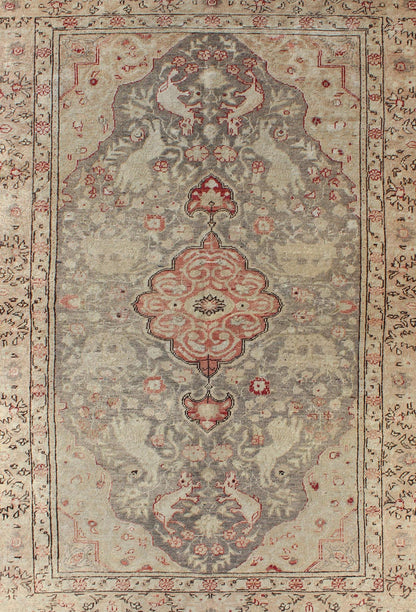Fine Turkish Oushak Carpet with Floral Motifs in Ivory, Pink & Red on Gray Field Fine Turkish Oushak Carpet with Floral Motifs in Cream, Pink & Red rug/mh - 10924, origin/turkey kwarugs This beautiful rug from mid - 20th century Turkey featur... - Keivan Woven ArtsMH - 10924 - 1136Rug