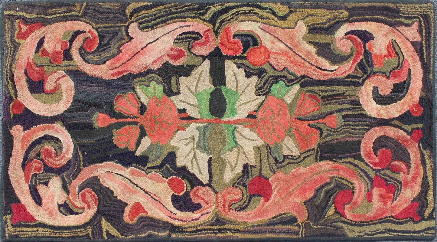 Charcoal, red, and green antique American Hooked rug with large flower design. Keivan Woven Arts / rug ML - 500, country of origin / type: United States / Hooked, circa 1900 This colorful American Hooked rug depicts a variety of vines and blossomi... - Keivan Woven ArtsML - 500 - 9988Rug