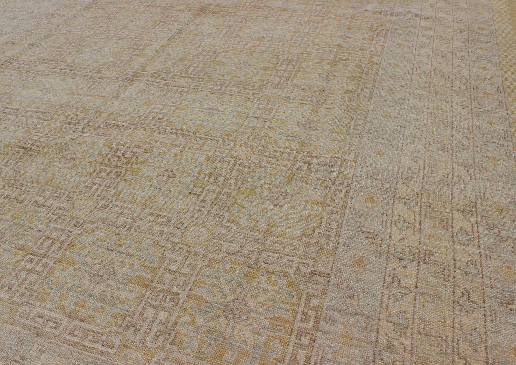 Khotan Style Rug with All - Over Pattern in Gold, Light Brown, Yellow Green, Gray. Measures: 8' x 9'8. Light Khotan color rug with geometric all over Medallions, rug MP - 1301 - 368, country of origin / type: Afghanistan / Khotan This K... - Keivan Woven ArtsMP - 1301 - 368 - 3966Rug