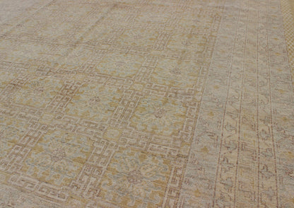 Khotan Style Rug with All - Over Pattern in Gold, Light Brown, Yellow Green, Gray. Measures: 8' x 9'8. Light Khotan color rug with geometric all over Medallions, rug MP - 1301 - 368, country of origin / type: Afghanistan / Khotan This K... - Keivan Woven ArtsMP - 1301 - 368 - 3966Rug