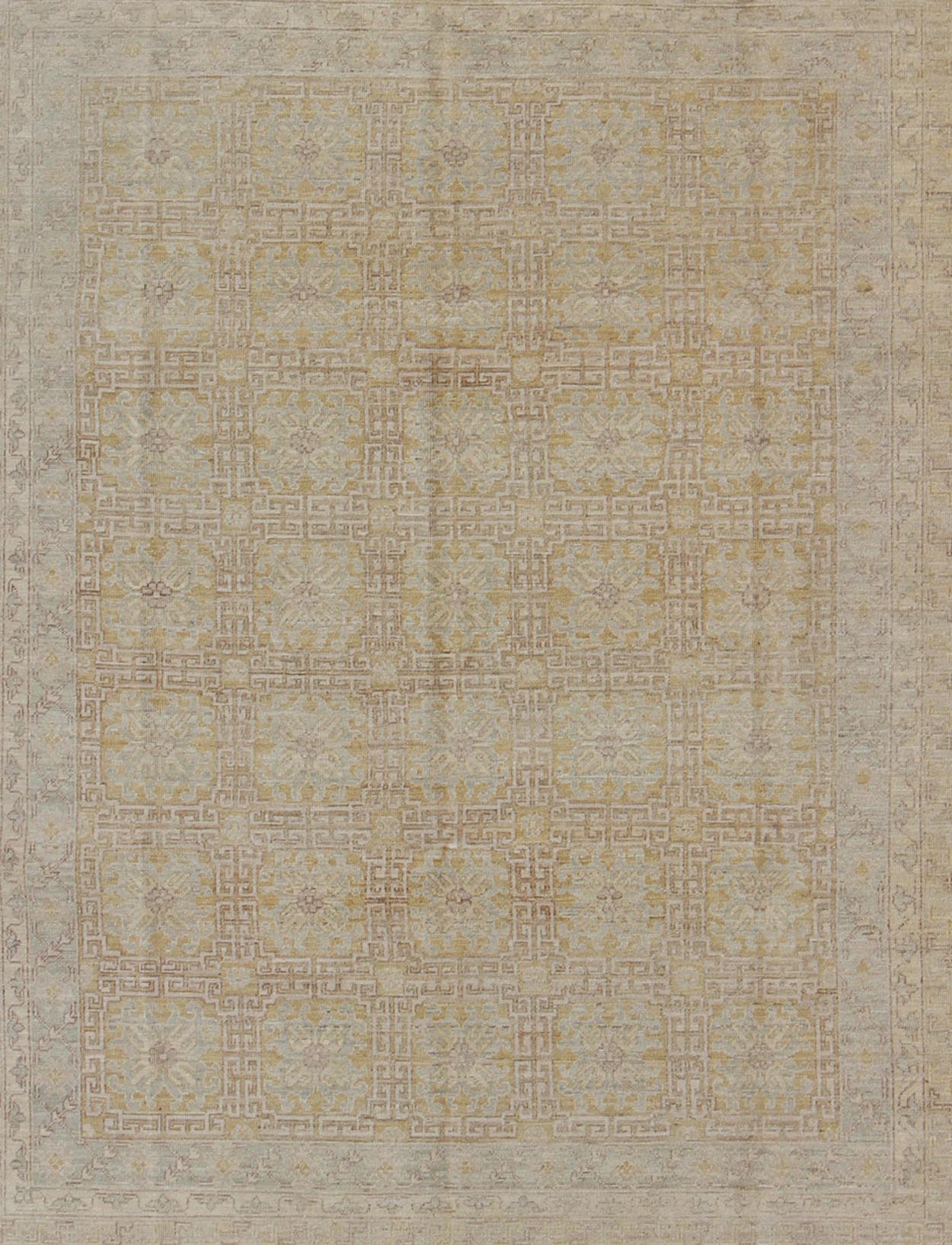 Khotan Style Rug with All - Over Pattern in Gold, Light Brown, Yellow Green, Gray. Measures: 8' x 9'8. Light Khotan color rug with geometric all over Medallions, rug MP - 1301 - 368, country of origin / type: Afghanistan / Khotan This K... - Keivan Woven ArtsMP - 1301 - 368 - 3966Rug