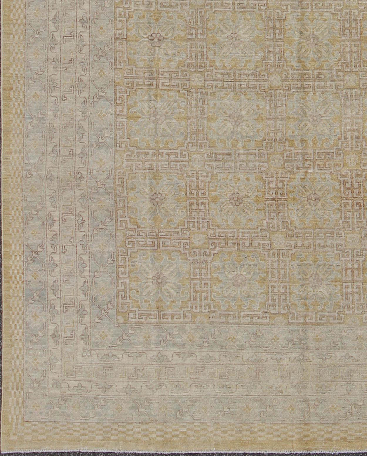 Khotan Style Rug with All - Over Pattern in Gold, Light Brown, Yellow Green, Gray. Measures: 8' x 9'8. Light Khotan color rug with geometric all over Medallions, rug MP - 1301 - 368, country of origin / type: Afghanistan / Khotan This K... - Keivan Woven ArtsMP - 1301 - 368 - 3966Rug