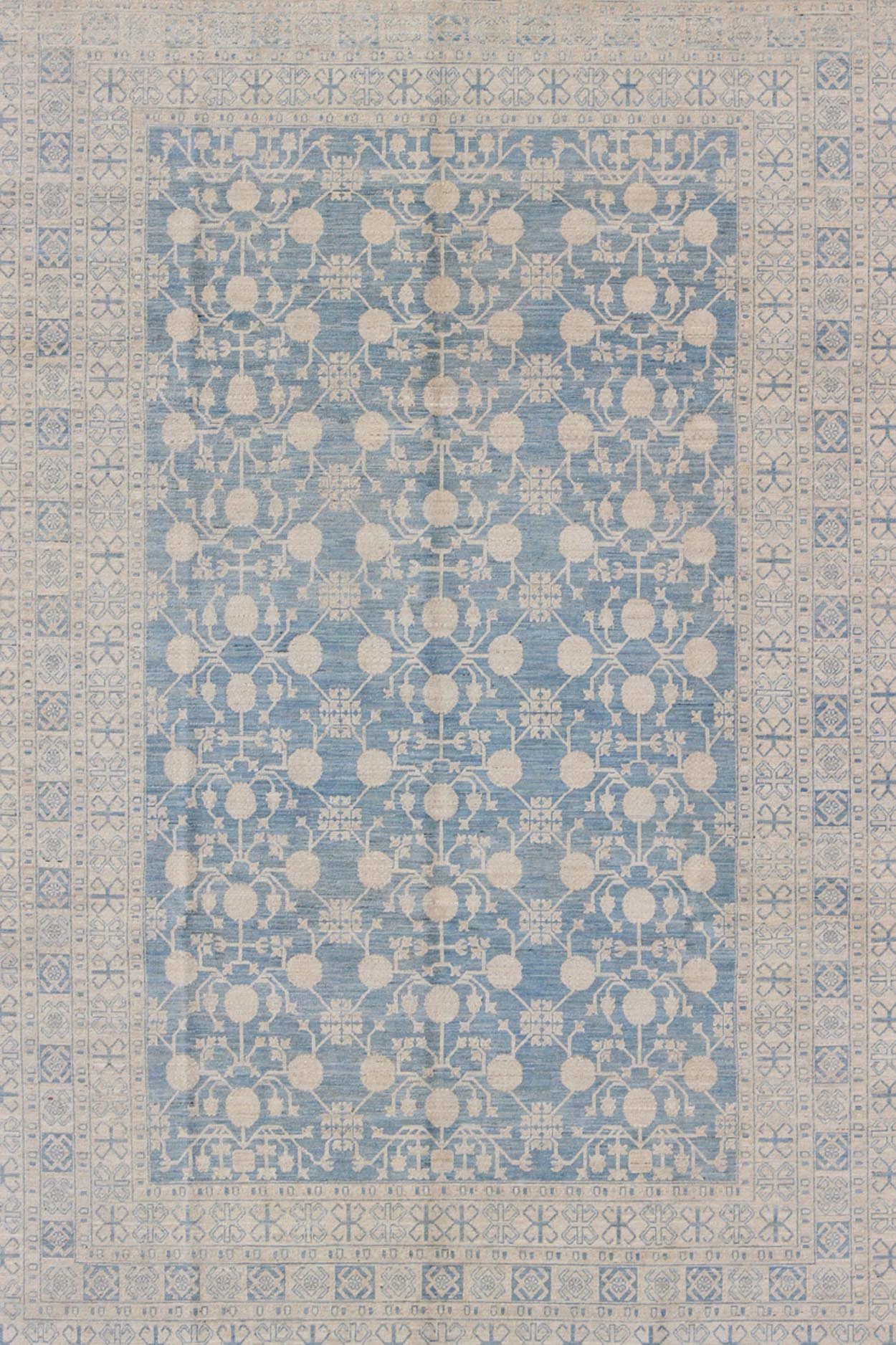 Large Pomegranate Design Modern Khotan Rug in Light Blue and Cream. Keivan Woven Arts / rug MP - 1309 - 655, country of origin / type: Afghanistan / Khotan. Measures: 8'7 x 12'5 This Khotan features an all over Pomegranate design flanked by a repeat... - Keivan Woven ArtsMP - 1309 - 655 - 4714Rug