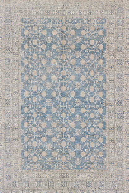 Large Pomegranate Design Modern Khotan Rug in Light Blue and Cream. Keivan Woven Arts / rug MP - 1309 - 655, country of origin / type: Afghanistan / Khotan. Measures: 8'7 x 12'5 This Khotan features an all over Pomegranate design flanked by a repeat... - Keivan Woven ArtsMP - 1309 - 655 - 4714Rug