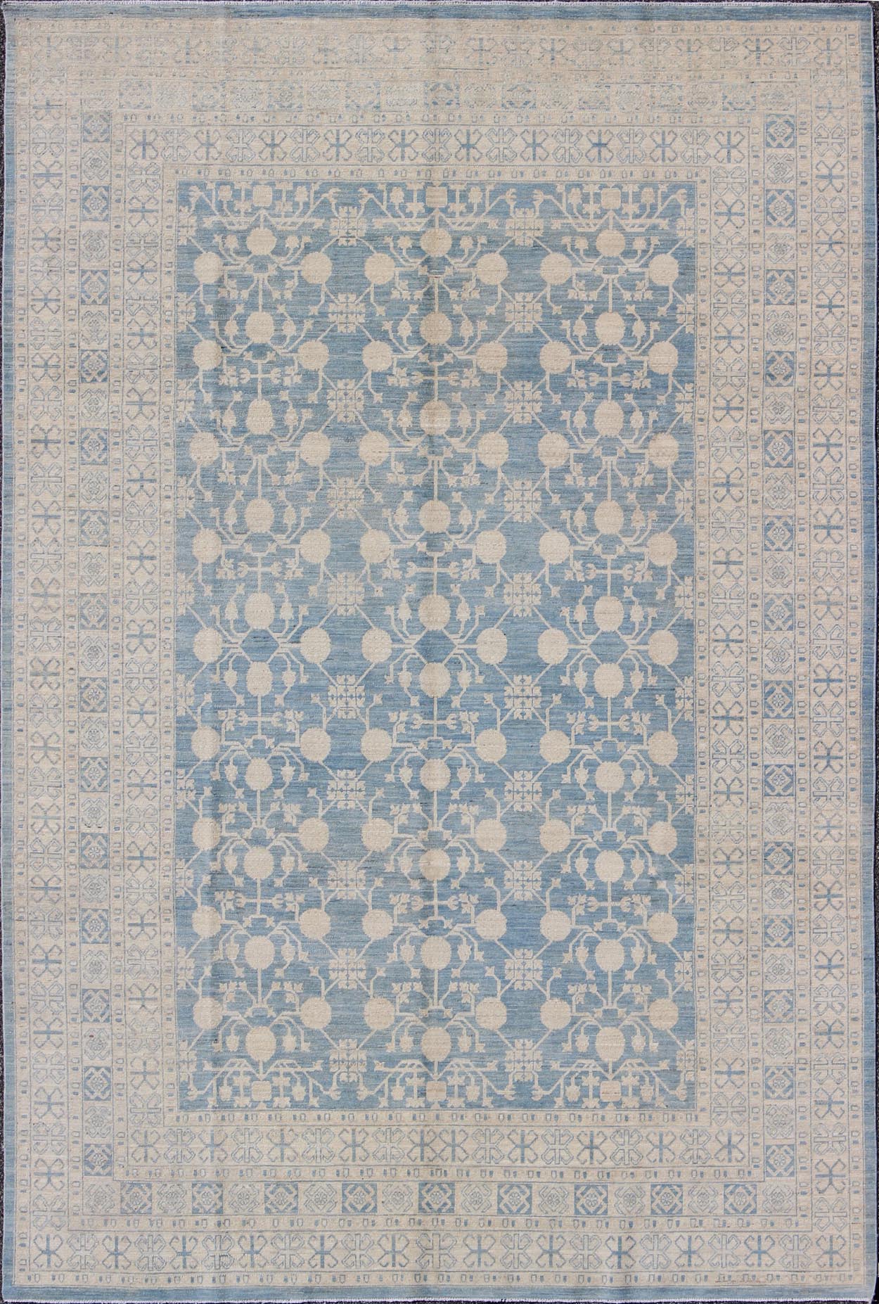 Large Pomegranate Design Modern Khotan Rug in Light Blue and Cream. Keivan Woven Arts / rug MP - 1309 - 655, country of origin / type: Afghanistan / Khotan. Measures: 8'7 x 12'5 This Khotan features an all over Pomegranate design flanked by a repeat... - Keivan Woven ArtsMP - 1309 - 655 - 4714Rug