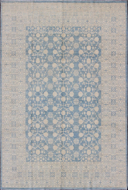 Large Pomegranate Design Modern Khotan Rug in Light Blue and Cream. Keivan Woven Arts / rug MP - 1309 - 655, country of origin / type: Afghanistan / Khotan. Measures: 8'7 x 12'5 This Khotan features an all over Pomegranate design flanked by a repeat... - Keivan Woven ArtsMP - 1309 - 655 - 4714Rug