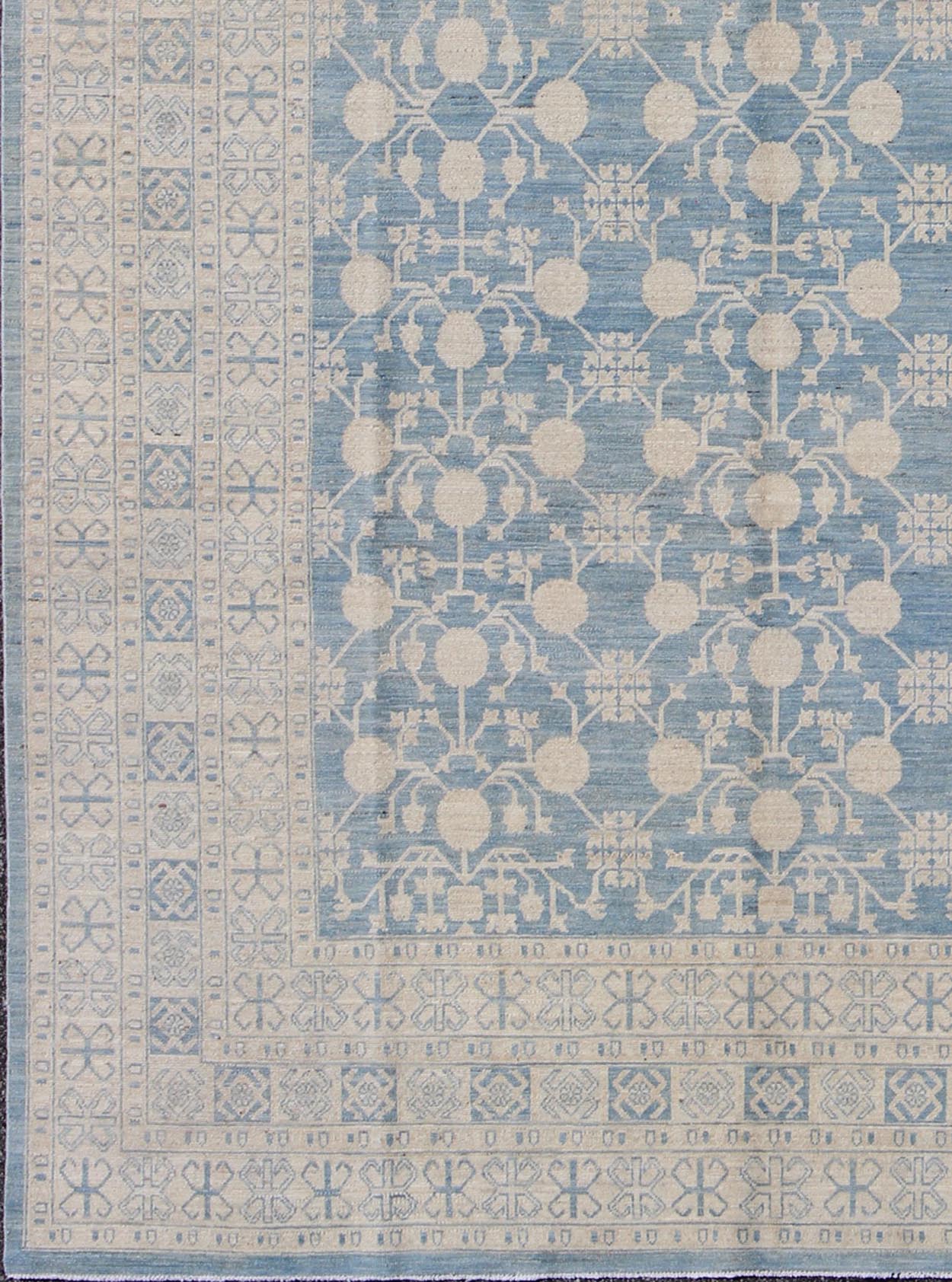 Large Pomegranate Design Modern Khotan Rug in Light Blue and Cream. Keivan Woven Arts / rug MP - 1309 - 655, country of origin / type: Afghanistan / Khotan. Measures: 8'7 x 12'5 This Khotan features an all over Pomegranate design flanked by a repeat... - Keivan Woven ArtsMP - 1309 - 655 - 4714Rug