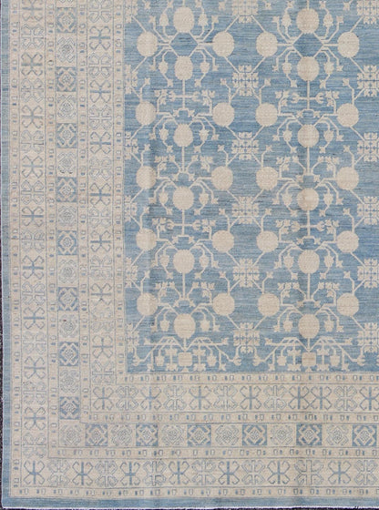 Large Pomegranate Design Modern Khotan Rug in Light Blue and Cream. Keivan Woven Arts / rug MP - 1309 - 655, country of origin / type: Afghanistan / Khotan. Measures: 8'7 x 12'5 This Khotan features an all over Pomegranate design flanked by a repeat... - Keivan Woven ArtsMP - 1309 - 655 - 4714Rug
