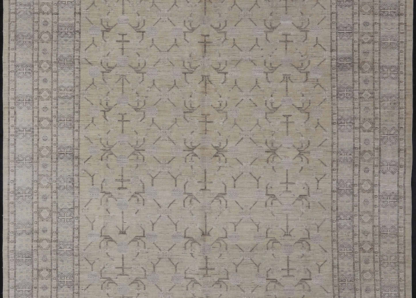 Finely Woven Khotan Rug with All - Over Geometric Pattern in Soft Yellow & Gray. Light yellow Color Background Khotan rug with All Over geometric motifs in Light yellow, gray and brown highlights. rug MP - 1310 - 541, country of origin / type: Afghanista... - Keivan Woven ArtsMP - 1310 - 541 - 4748Rug