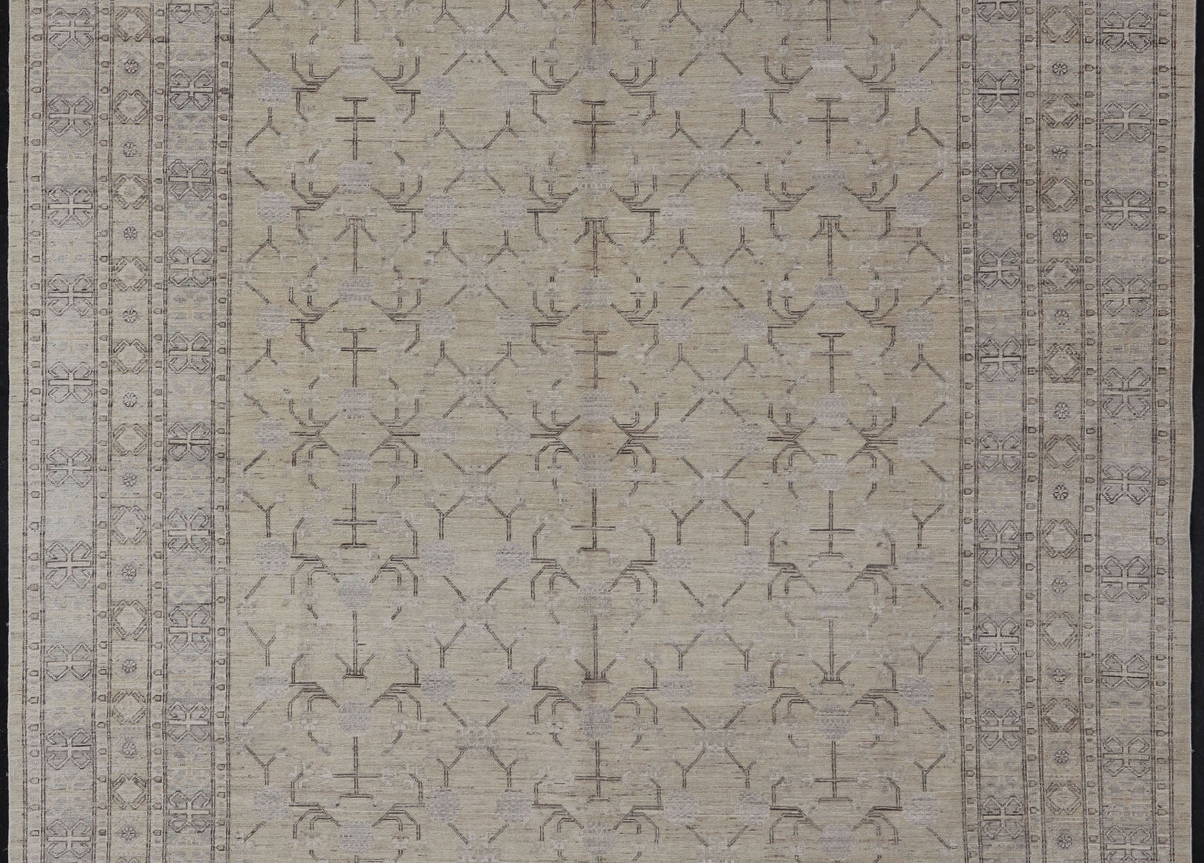 Finely Woven Khotan Rug with All - Over Geometric Pattern in Soft Yellow & Gray. Light yellow Color Background Khotan rug with All Over geometric motifs in Light yellow, gray and brown highlights. rug MP - 1310 - 541, country of origin / type: Afghanista... - Keivan Woven ArtsMP - 1310 - 541 - 4748Rug