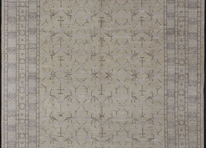 Finely Woven Khotan Rug with All - Over Geometric Pattern in Soft Yellow & Gray. Light yellow Color Background Khotan rug with All Over geometric motifs in Light yellow, gray and brown highlights. rug MP - 1310 - 541, country of origin / type: Afghanista... - Keivan Woven ArtsMP - 1310 - 541 - 4748Rug