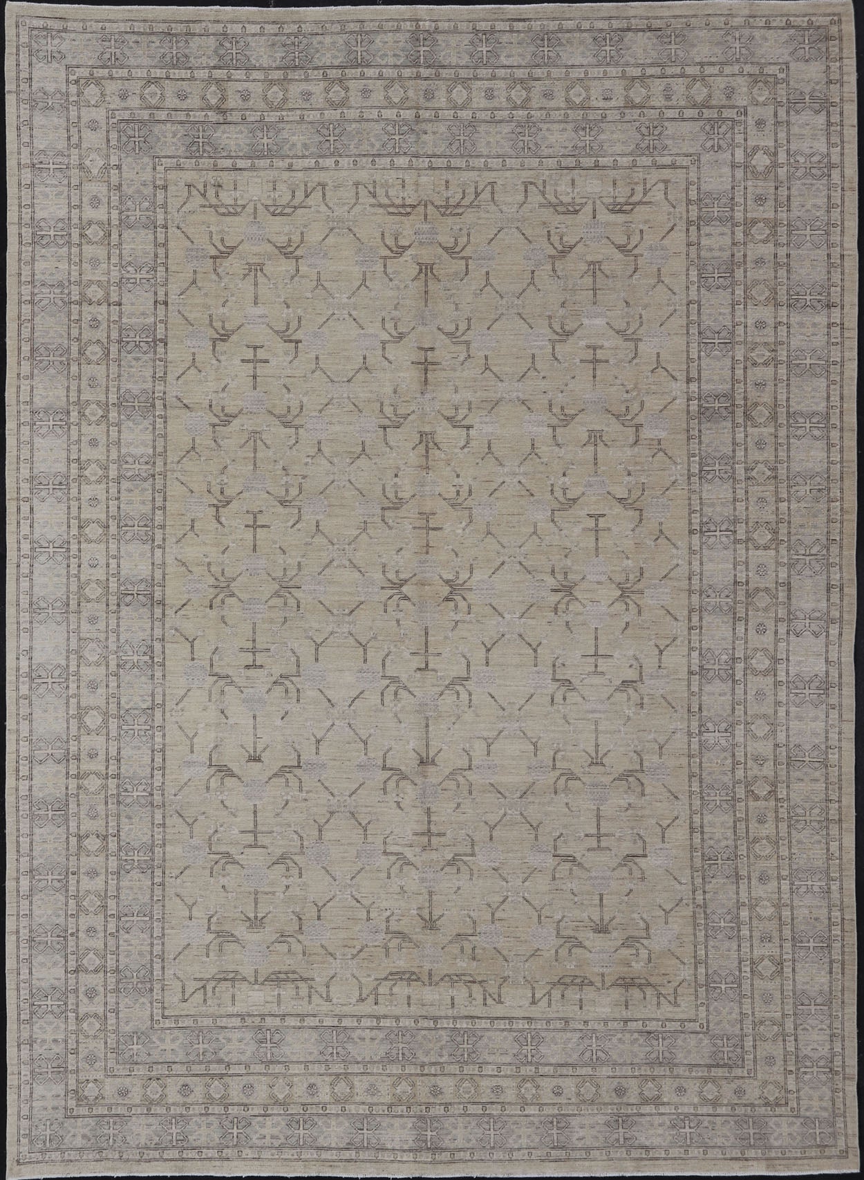 Finely Woven Khotan Rug with All - Over Geometric Pattern in Soft Yellow & Gray. Light yellow Color Background Khotan rug with All Over geometric motifs in Light yellow, gray and brown highlights. rug MP - 1310 - 541, country of origin / type: Afghanista... - Keivan Woven ArtsMP - 1310 - 541 - 4748Rug