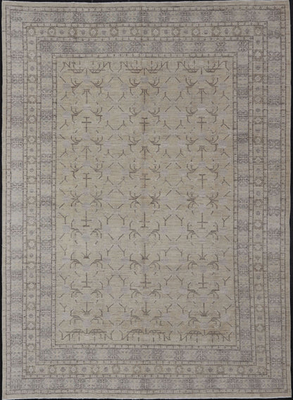 Finely Woven Khotan Rug with All - Over Geometric Pattern in Soft Yellow & Gray. Light yellow Color Background Khotan rug with All Over geometric motifs in Light yellow, gray and brown highlights. rug MP - 1310 - 541, country of origin / type: Afghanista... - Keivan Woven ArtsMP - 1310 - 541 - 4748Rug